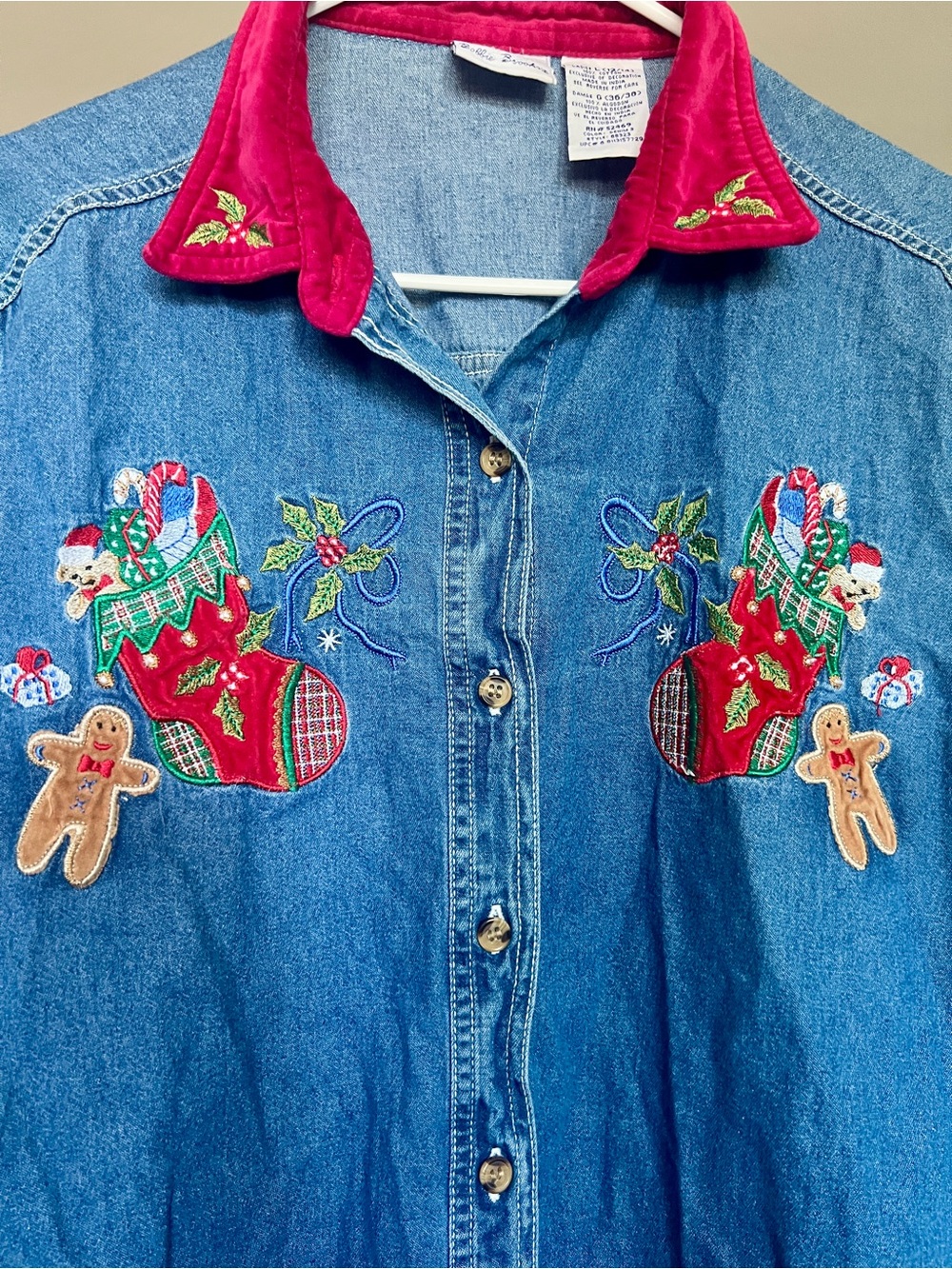 VTG Bobbie Brooks Christmas Theme Denim Button Up Shirt SZ L Velour Holiday - Picture 3 of 7